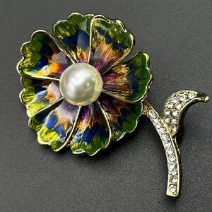 Yellow Gold with White Diamond Crystal and Pearl Enamel Flower Pin Back Brooch
